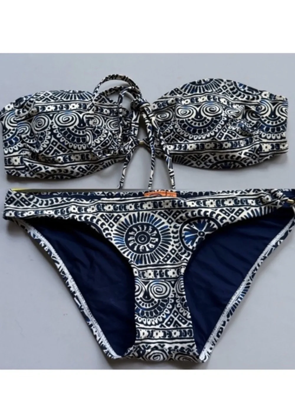 Tory Burch Bandeau Bikini Set XS Navy White Gold Hardware
